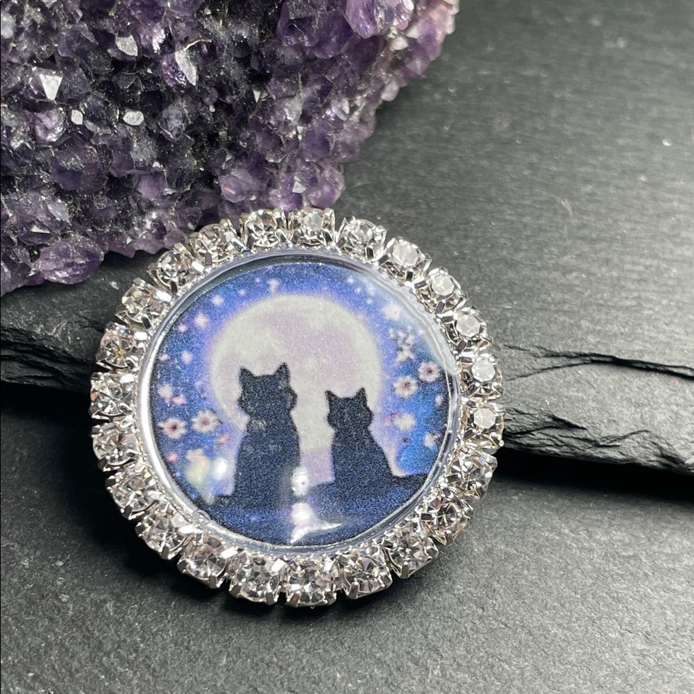 2/$20 Feline Familiar Moonlit Cat Rhinestone Magnet - Artisan Made
